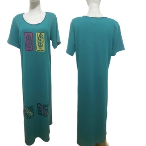 Vintage COURTWELL GREEN W SILKSCREEN LEAF PRINT - COTTON BLEND MAXI DRESS SZ M - Picture 1 of 9